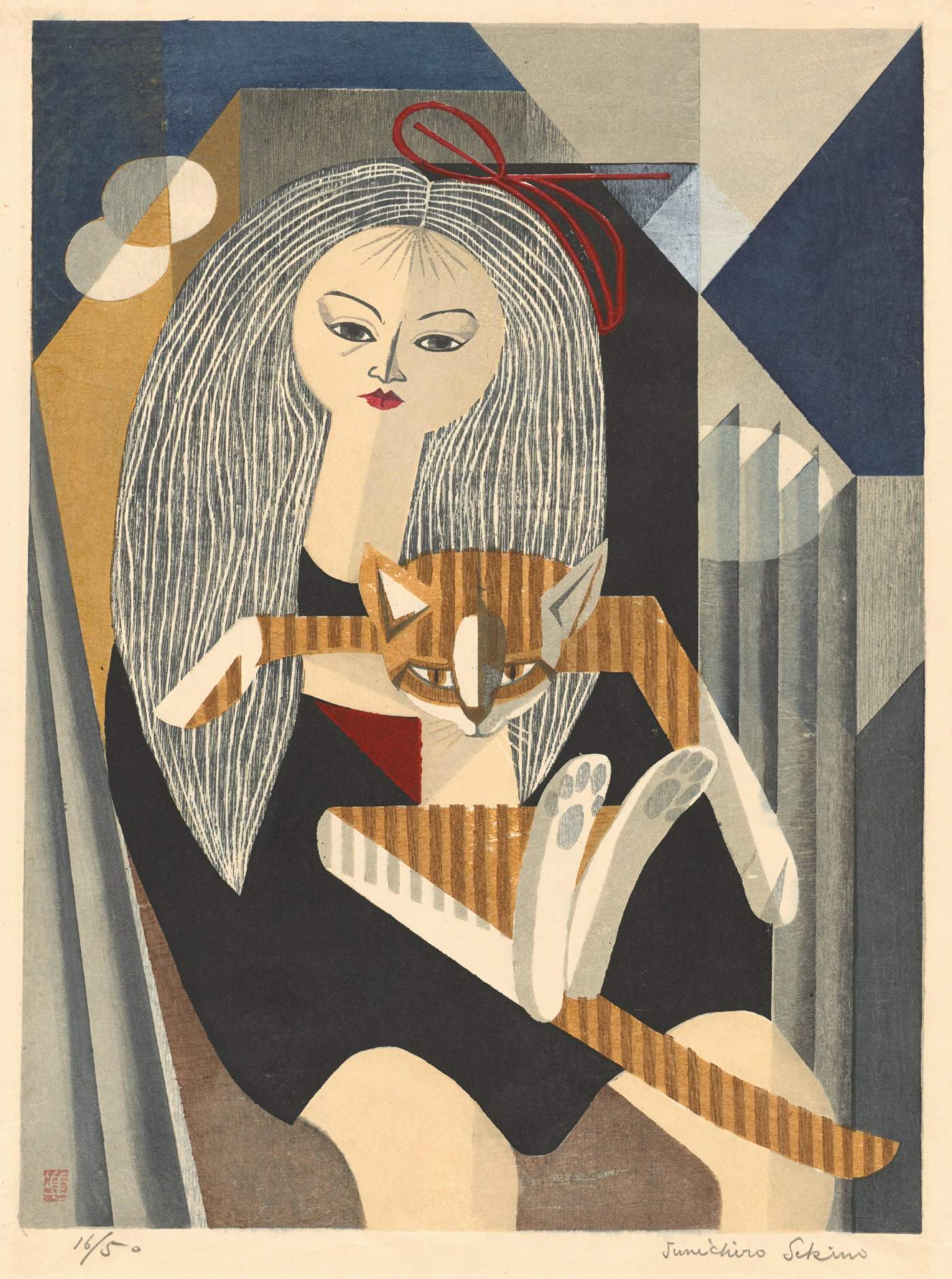 Girl and Cat - Sekino Jun'ichiro  Catalogue woodblock print