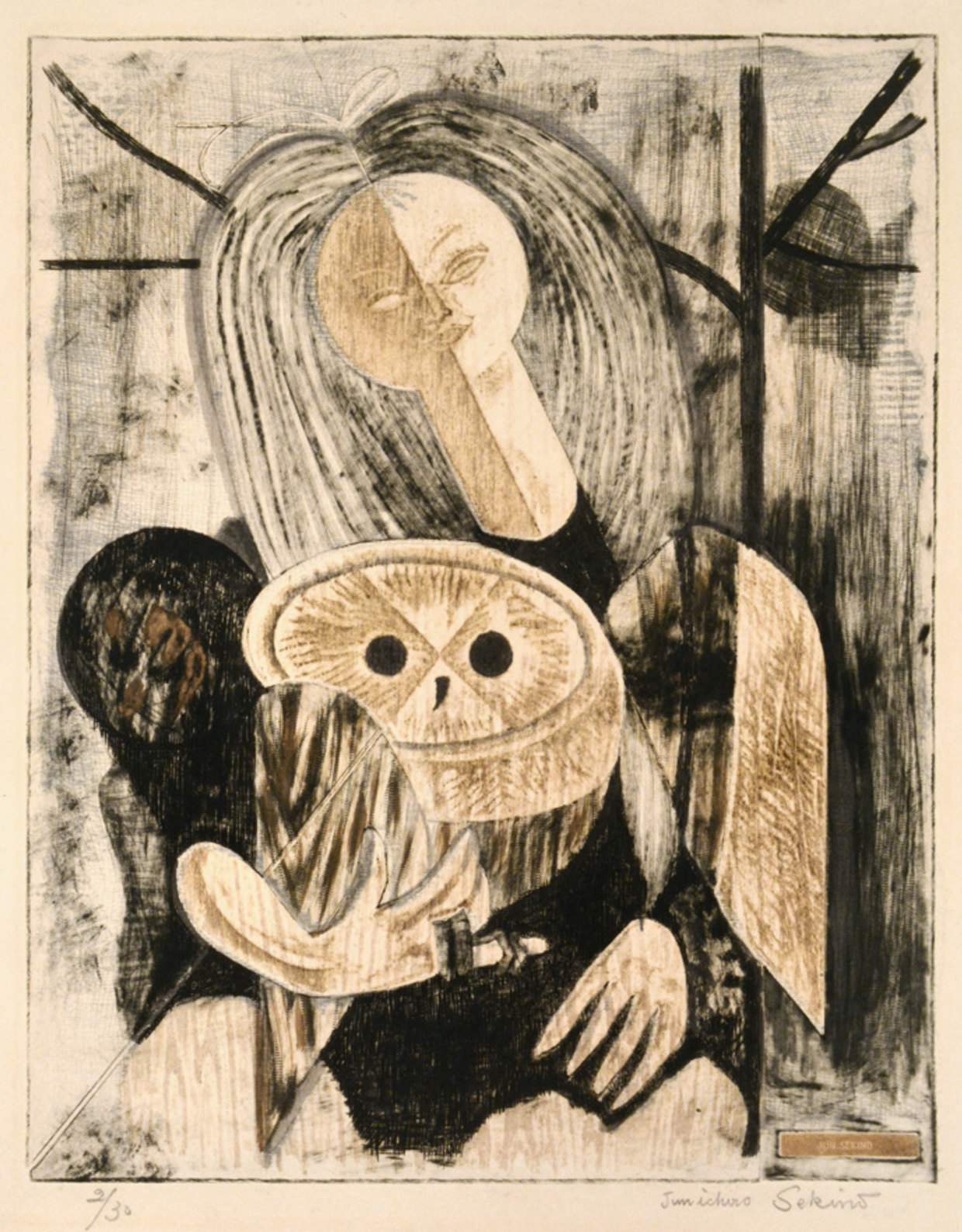 [Girl and Owl] - Sekino Jun'ichiro  Catalogue woodblock print