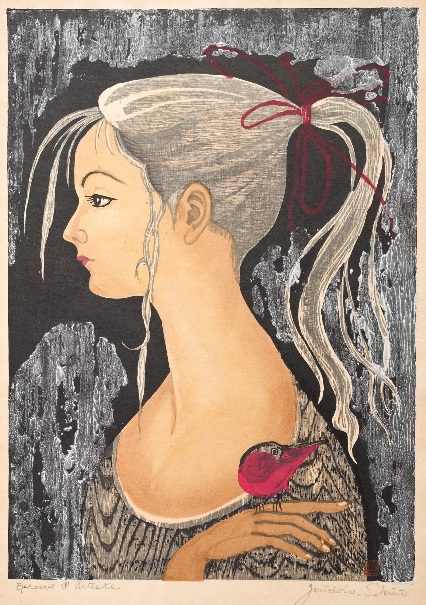 Girl and Red Bird [Sekino's Daughter Ayuko] - Sekino Jun'ichiro  Catalogue woodblock print