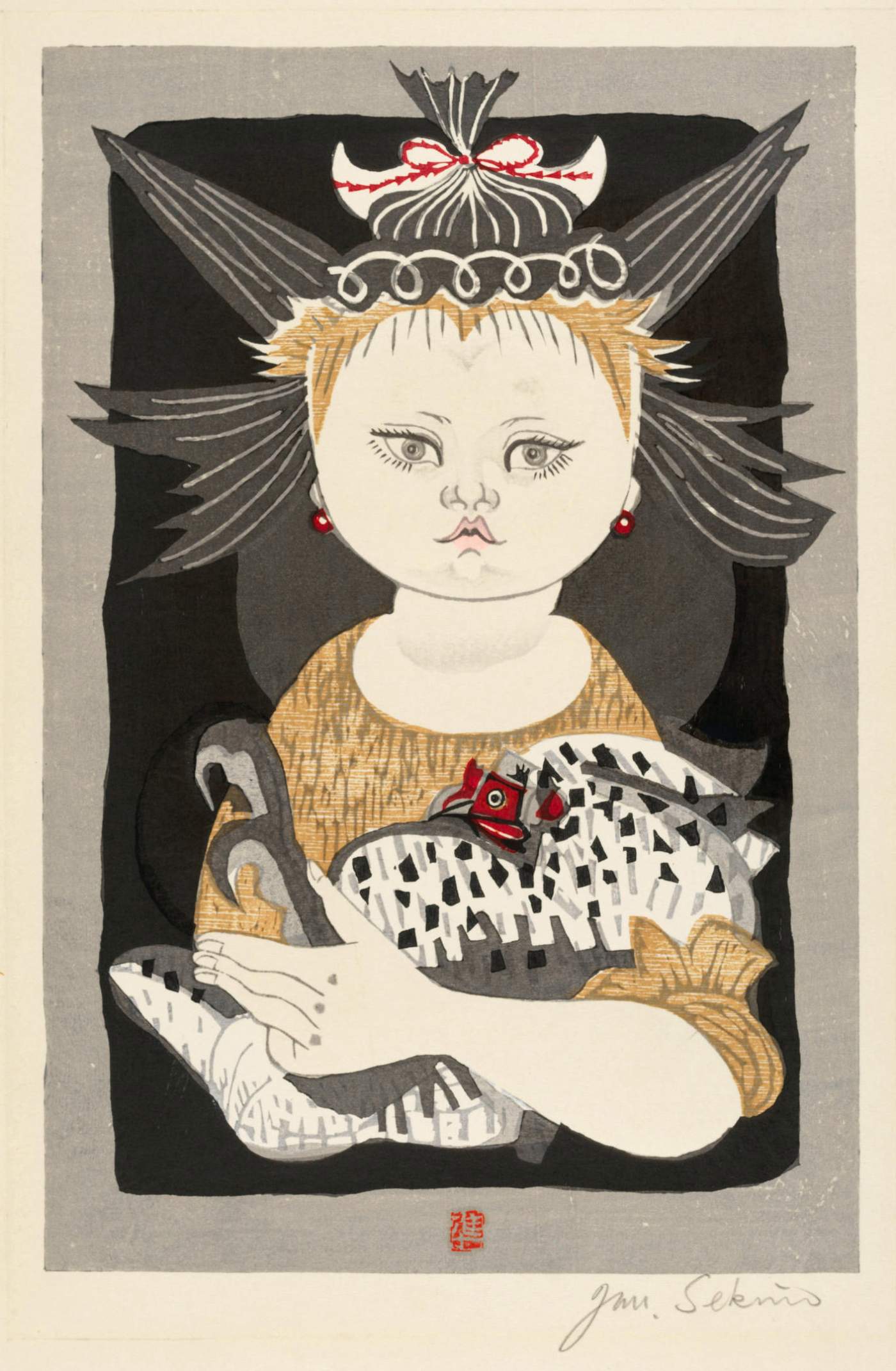 Girl with Black and White Bird [Chicken] - Sekino Jun'ichiro  Catalogue woodblock print