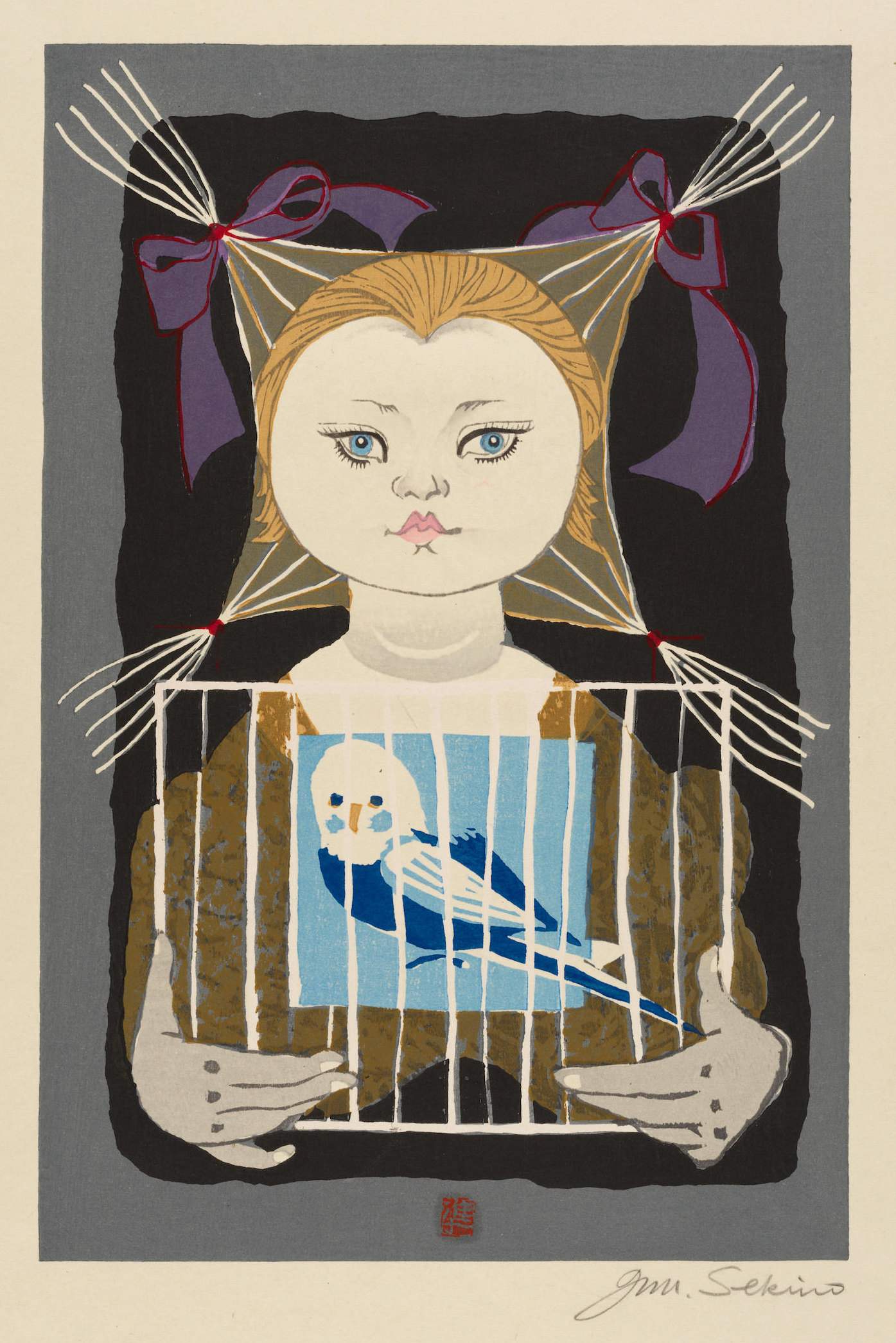 Girl with Blue Bird - Sekino Jun'ichiro  Catalogue woodblock print