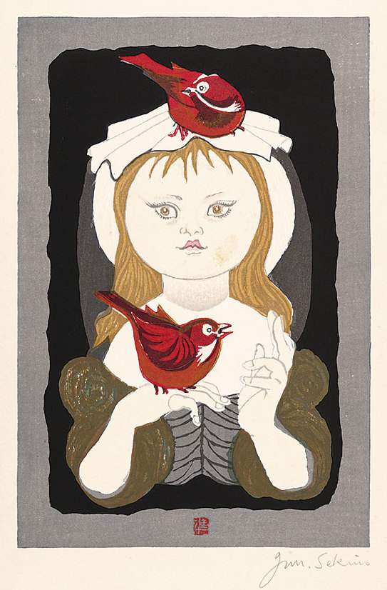 Girl with Red Birds [Parisian Girl] - Sekino Jun'ichiro  Catalogue woodblock print