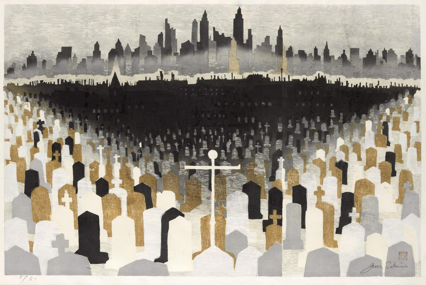 Graveyard in New York [2] - Sekino Jun'ichiro  Catalogue woodblock print