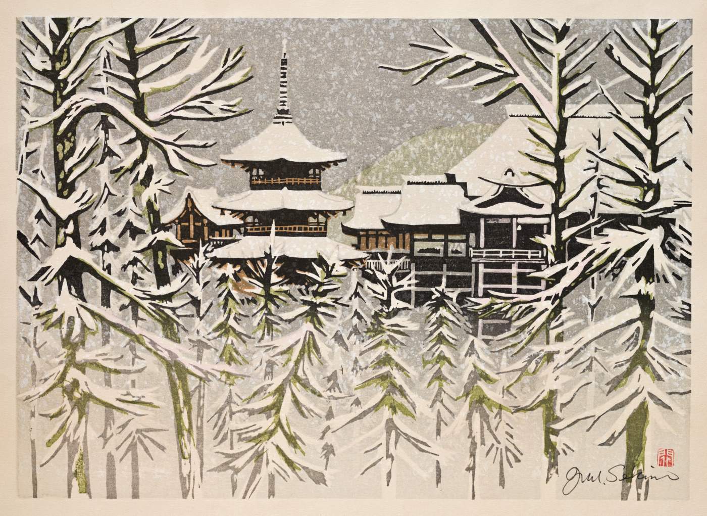 Kiyomizudera Temple in Snow - Sekino Jun'ichiro  Catalogue woodblock print