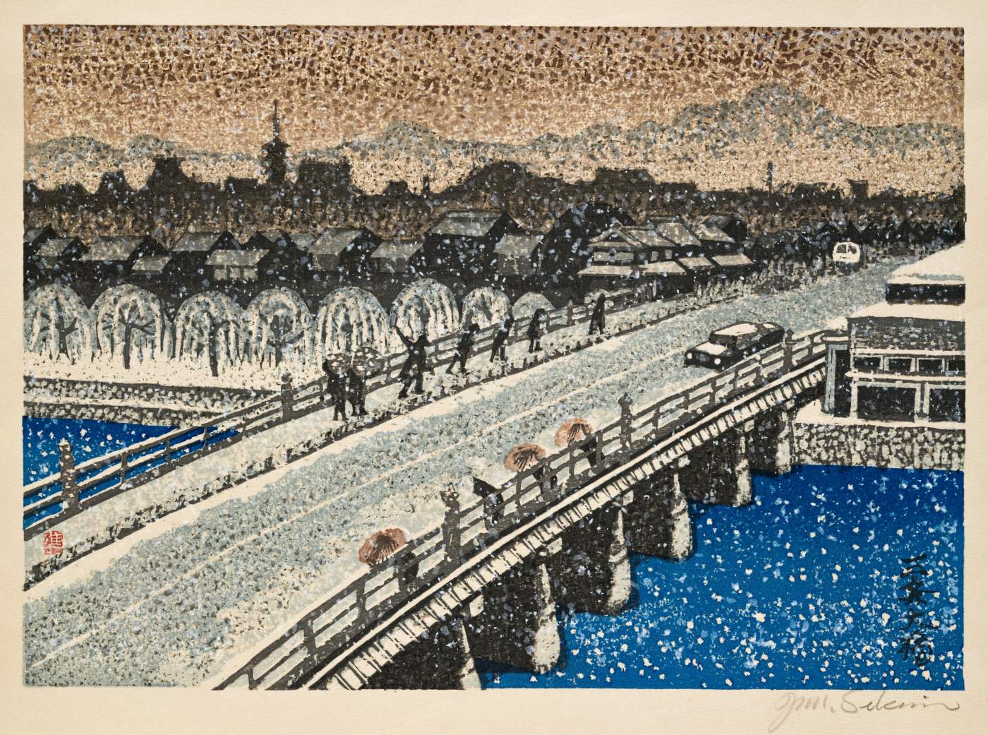 Kyoto, Sanjo Ohashi in Snow (Tokaido end) - Sekino Jun'ichiro  Catalogue woodblock print
