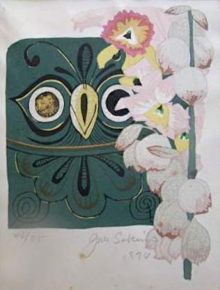 Mexican Owl and Orchid - Sekino Jun'ichiro  Catalogue woodblock print
