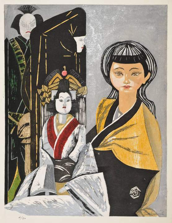 My Daughter with Bunraku Dolls - Sekino Jun'ichiro  Catalogue woodblock print