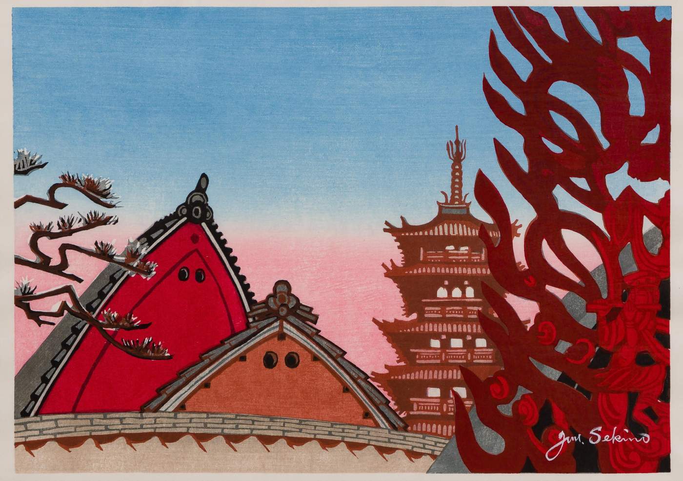 [Nara Pagoda and Temple Roofs] - Sekino Jun'ichiro  Catalogue woodblock print