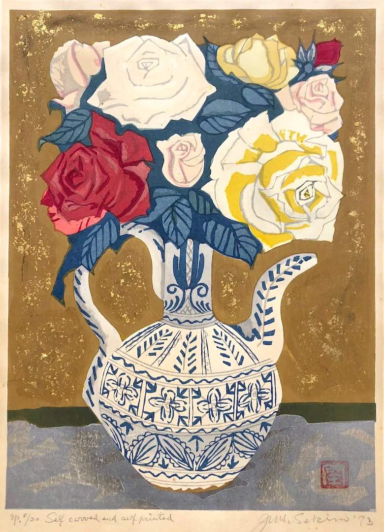 Roses in an Italian Water Pitcher - Sekino Jun'ichiro  Catalogue woodblock print