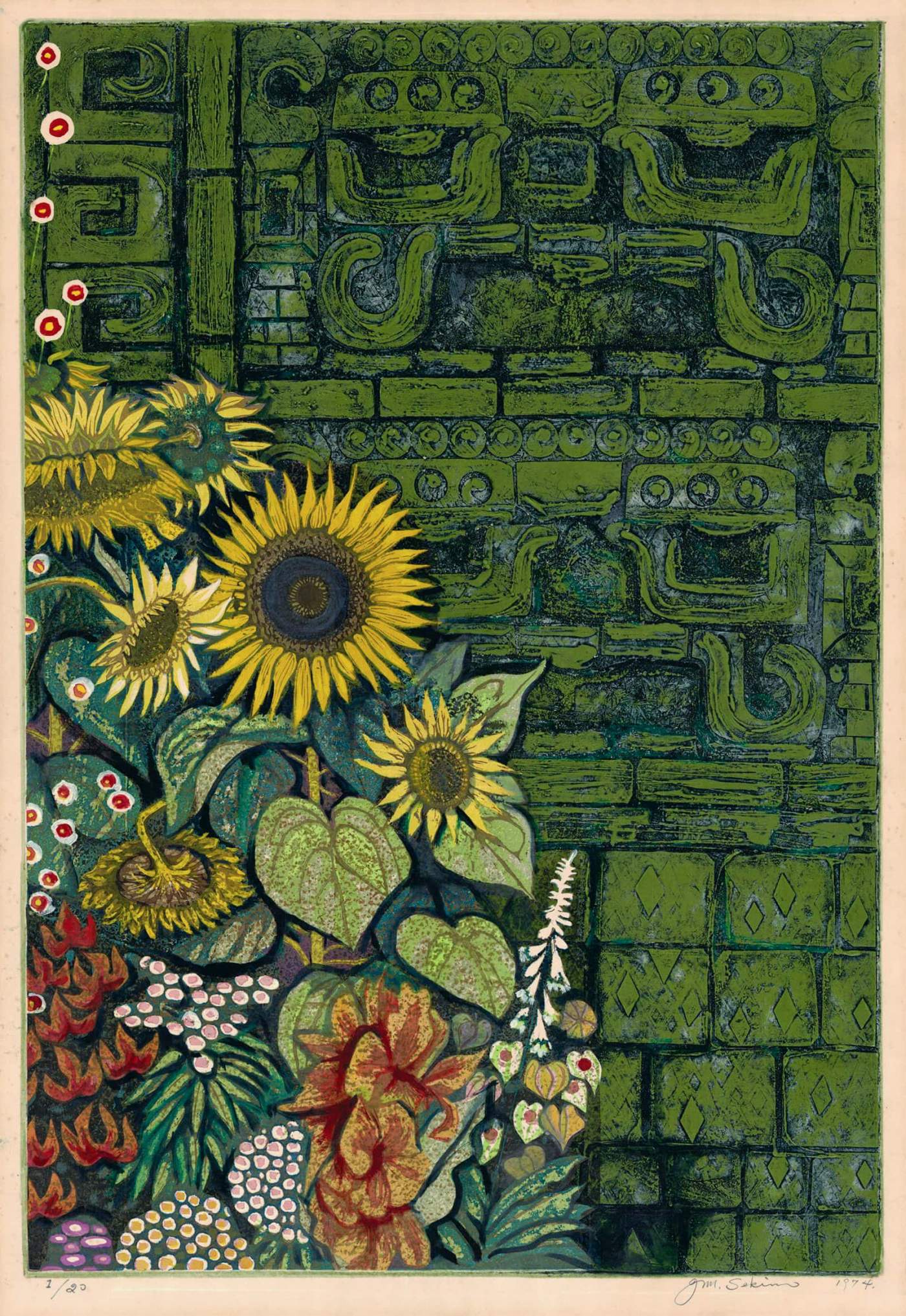 [Summer Flowers and Mayan Wall] - Sekino Jun'ichiro  Catalogue woodblock print