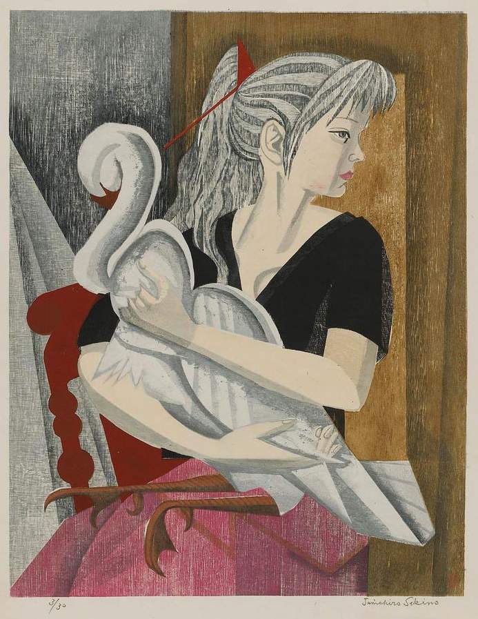 Swan and Girl [Sekino's Daughter Ayuko] - Sekino Jun'ichiro  Catalogue woodblock print