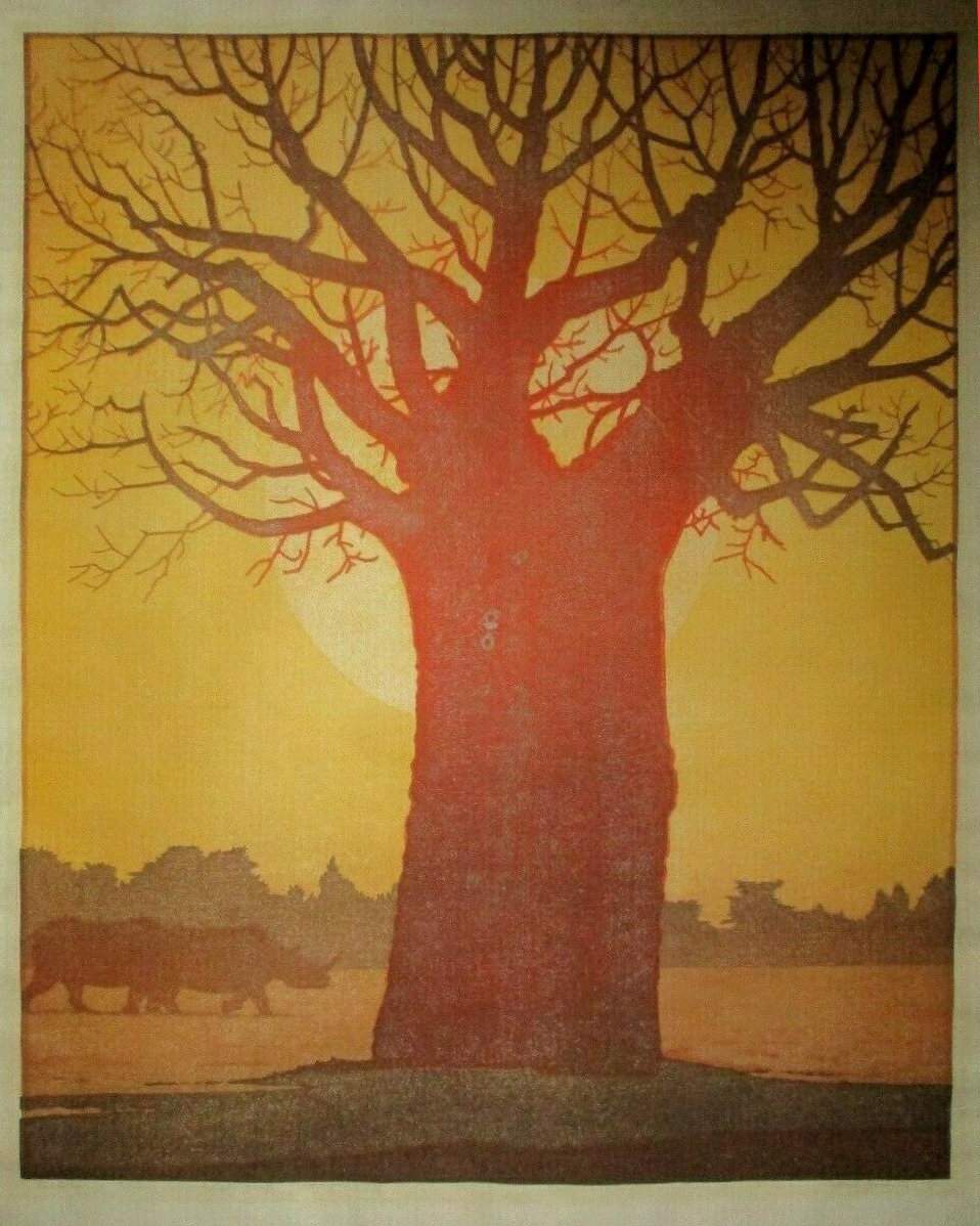 Baobab and Rhino woodblock print