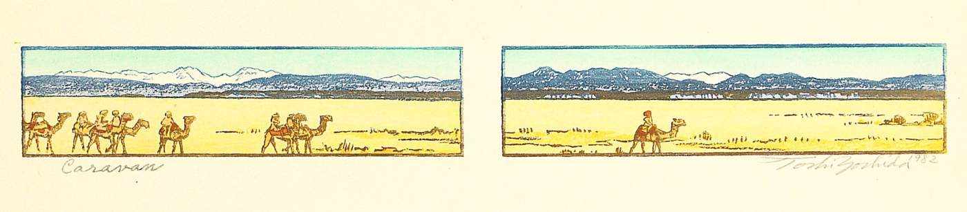 Caravan woodblock print