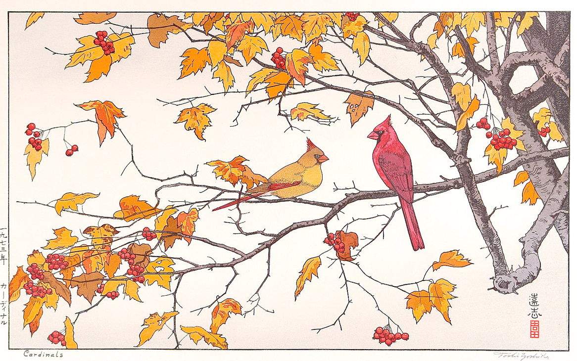 Cardinals woodblock print