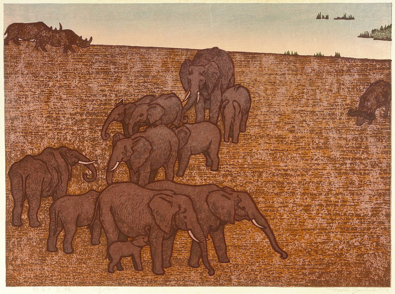 Toshi Yoshida “Elephants in the Wild” 1973 woodblock print