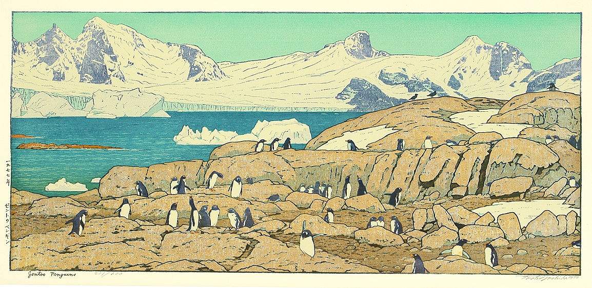 Gentoo Penguins woodblock print