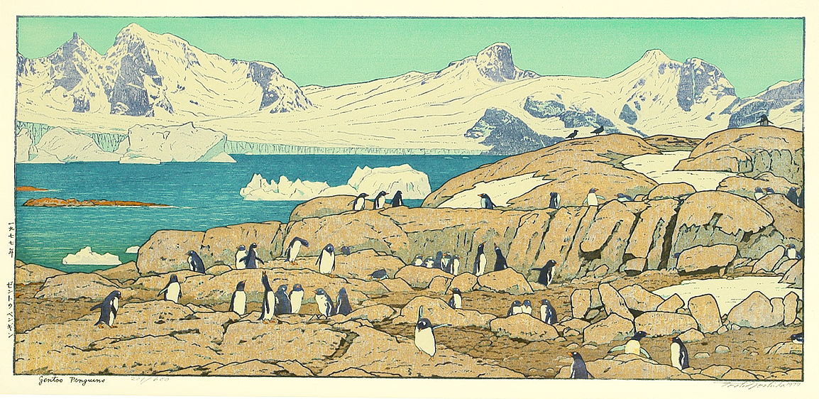 Toshi Yoshida “Gentoo Penguins” 1977 woodblock print