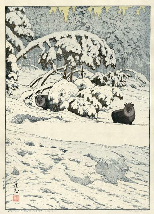 Toshi Yoshida - Japanese Antelopes in Snow thumbnail