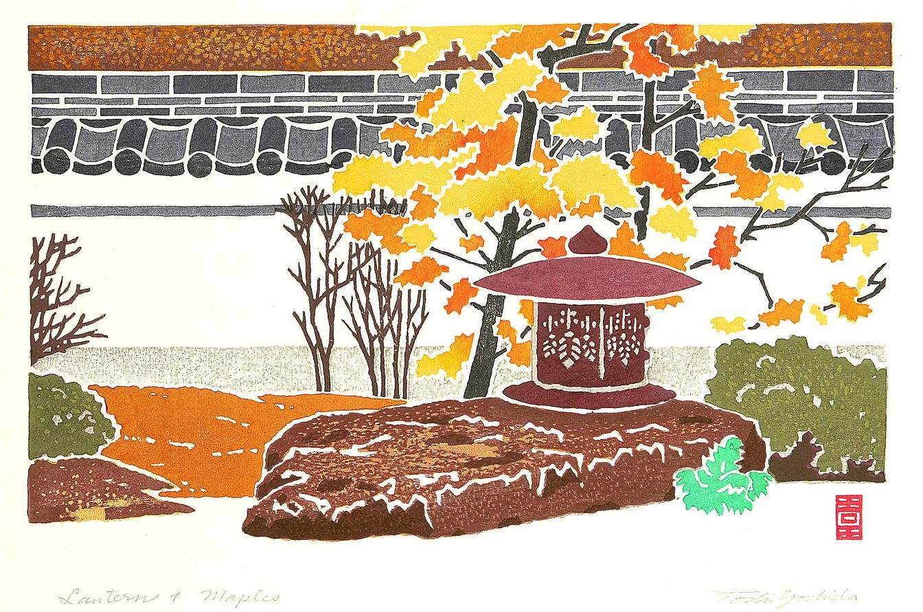 Lanterns and Maples woodblock print