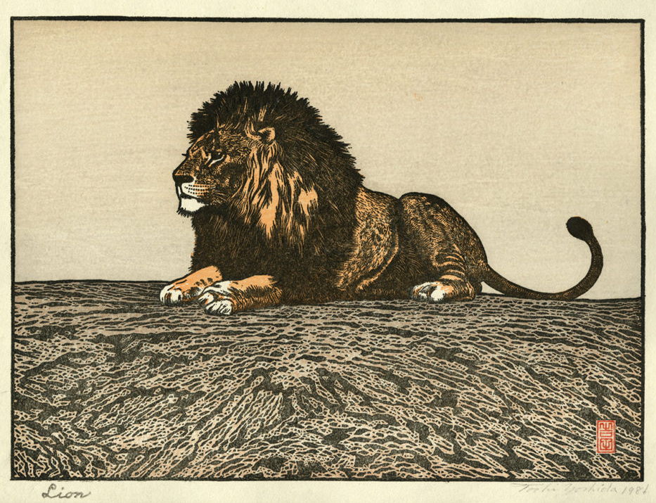 Toshi Yoshida “Lion” 1987 woodblock print