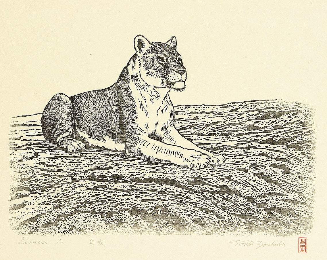 Lioness A woodblock print