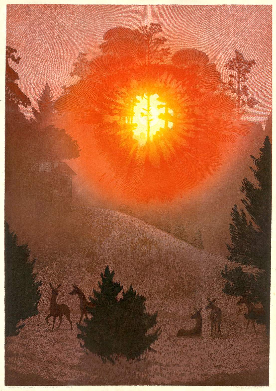 Mendocino, Sunrise woodblock print