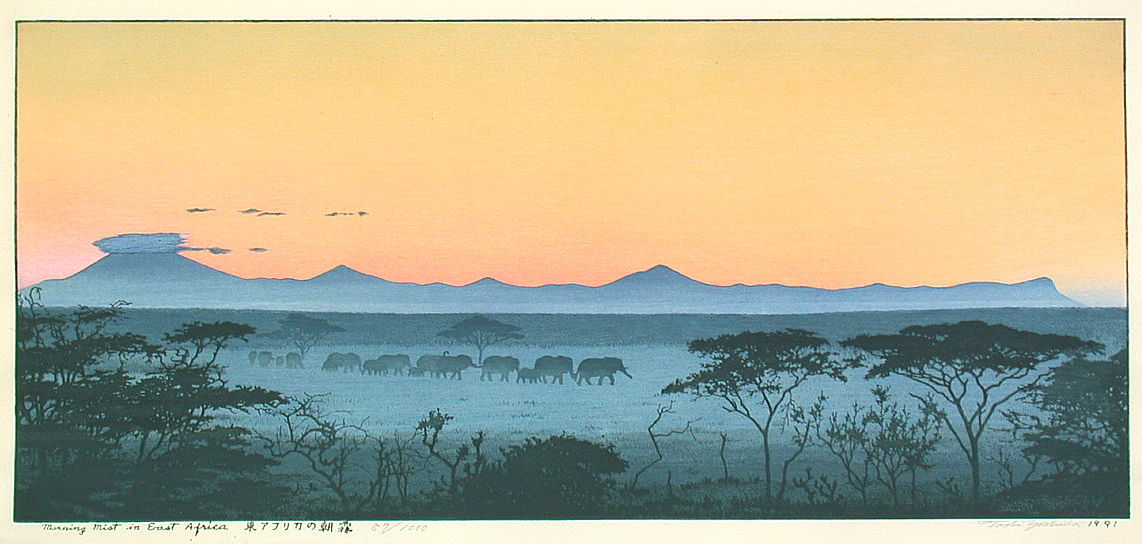 Toshi Yoshida “Morning Mist in East Africa” 1991 woodblock print