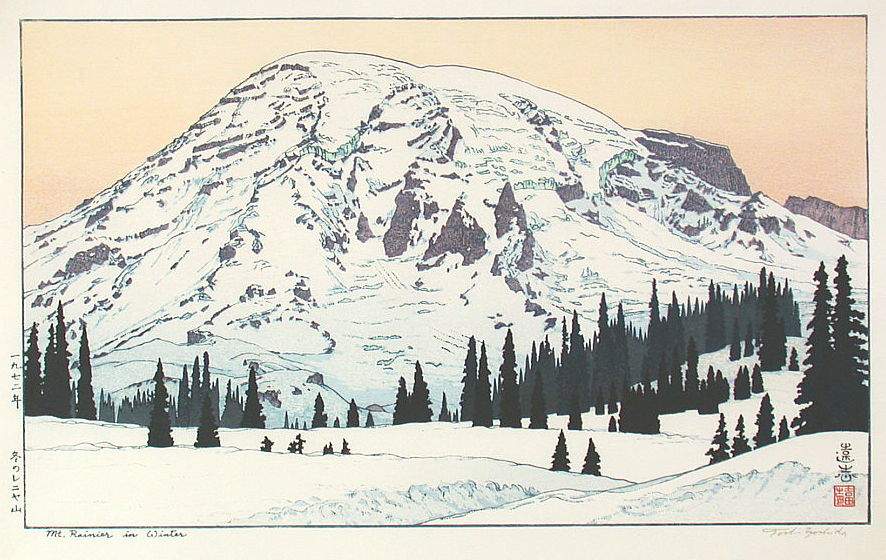 Mt. Rainier in Winter woodblock print