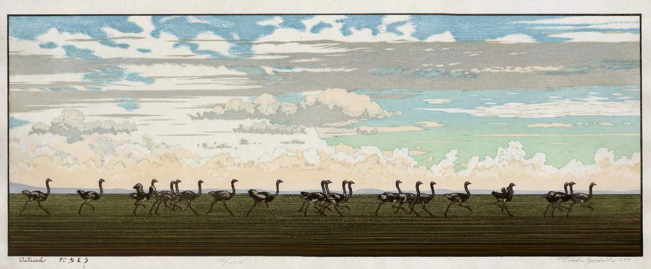 Ostrich woodblock print