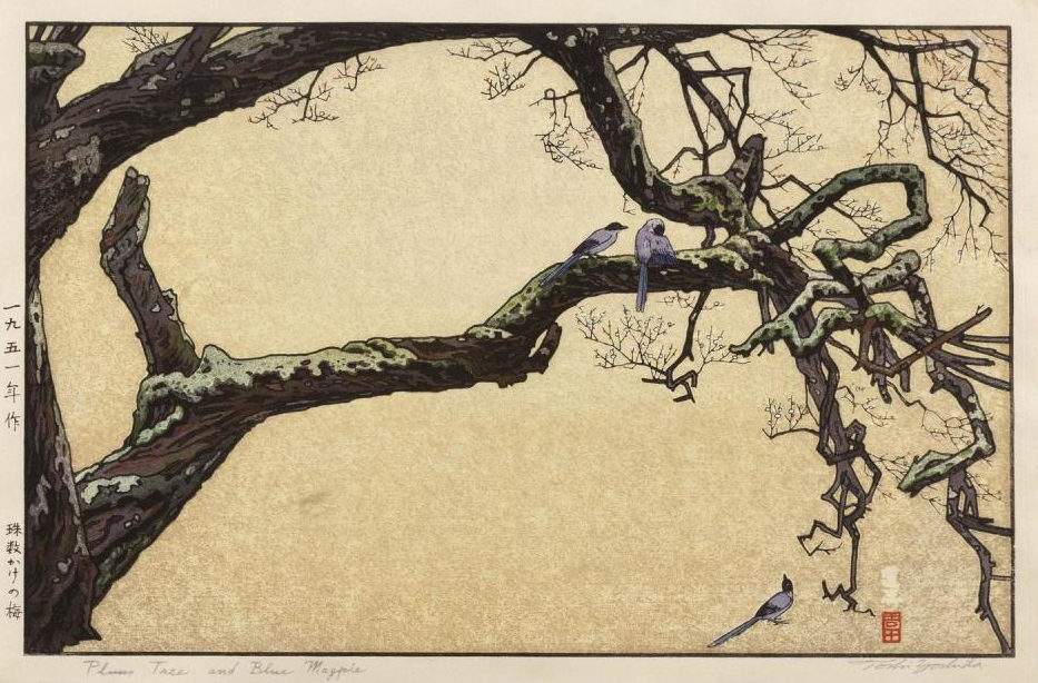 Plum Tree and Blue Magpie woodblock print