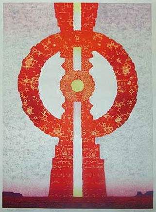 Red Monument woodblock print