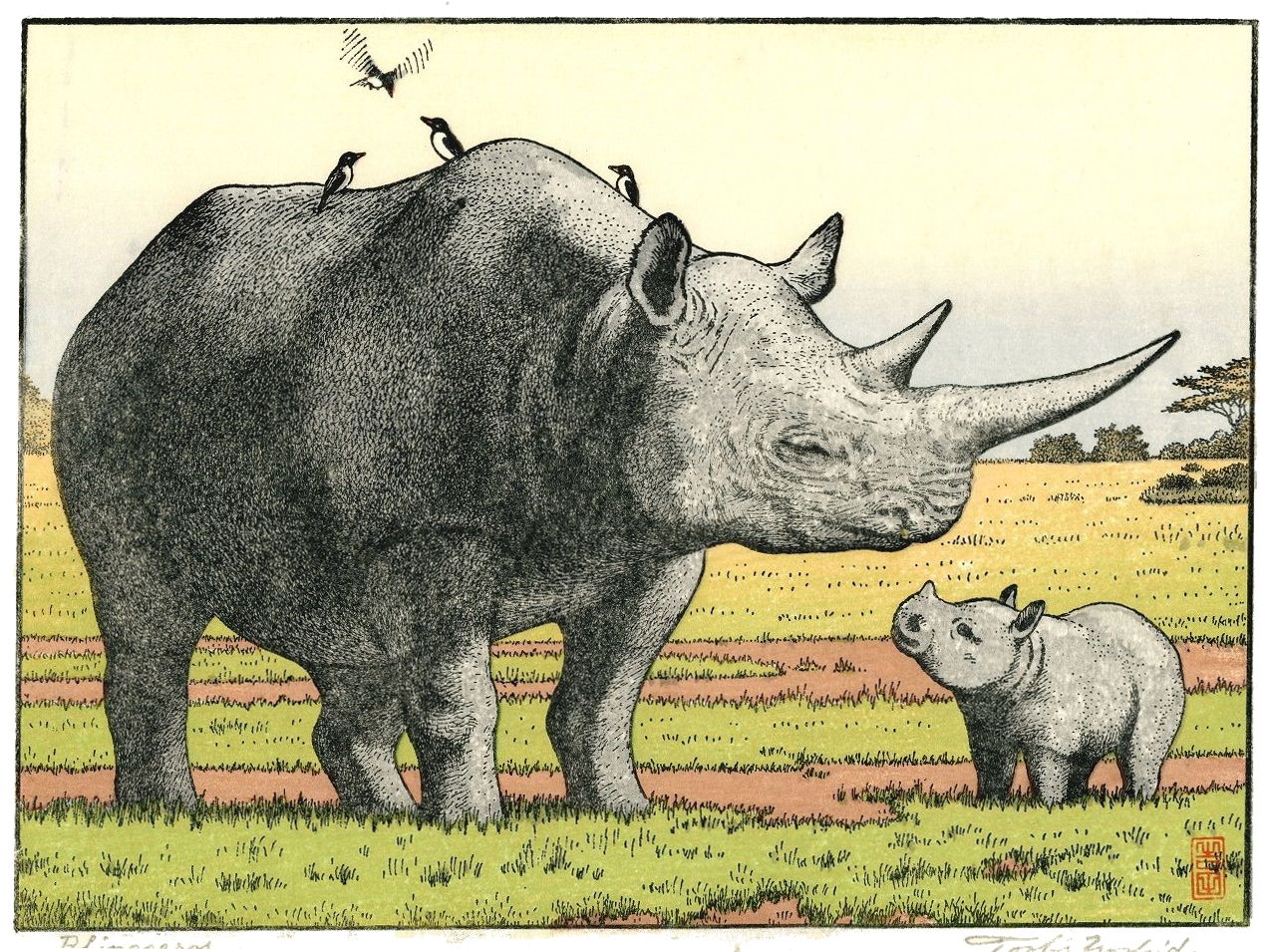 Toshi Yoshida “Rhinoceros”  woodblock print