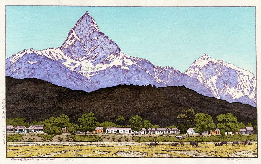Sacred Mountain in Nepal woodblock print