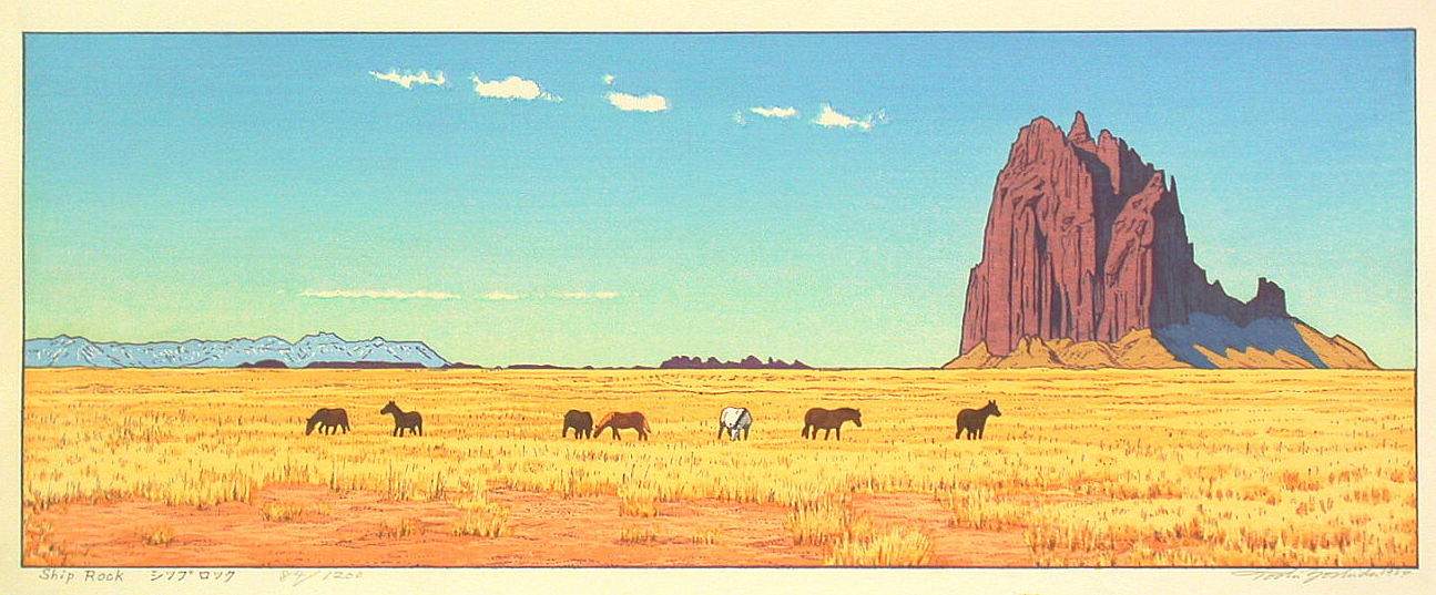 Ship Rock woodblock print