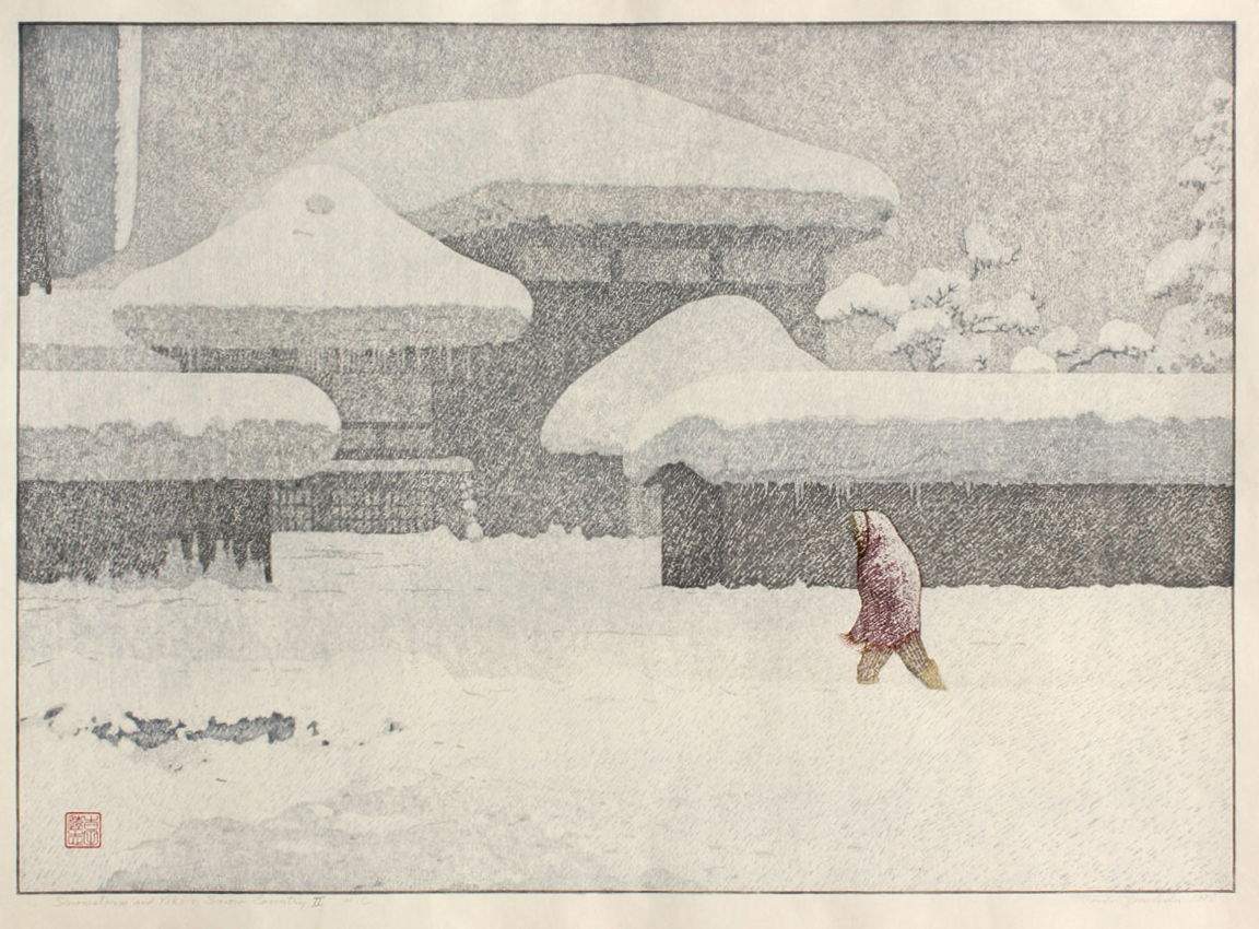 Snowstorm and Yoko: Snow Country II woodblock print