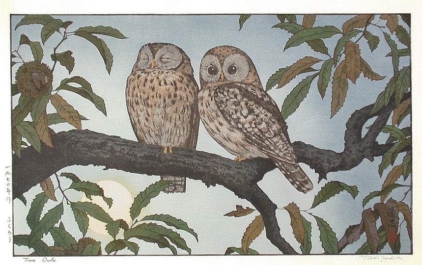 Two Owls woodblock print