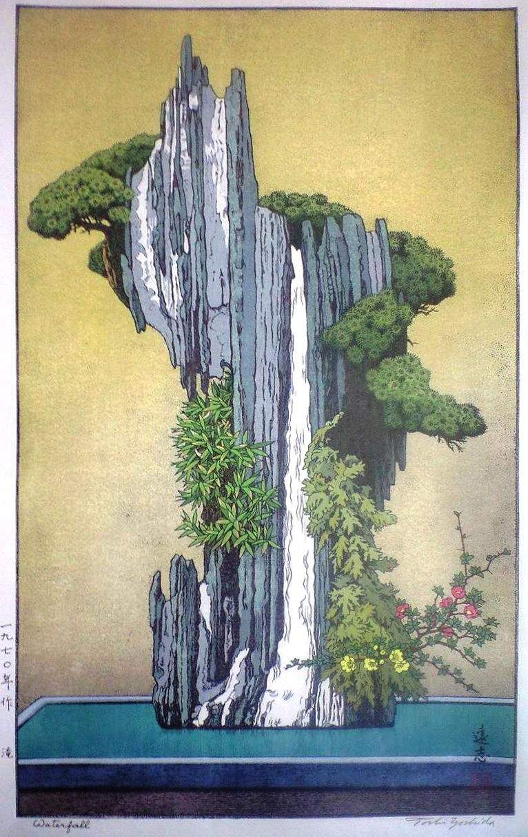 Waterfall woodblock print