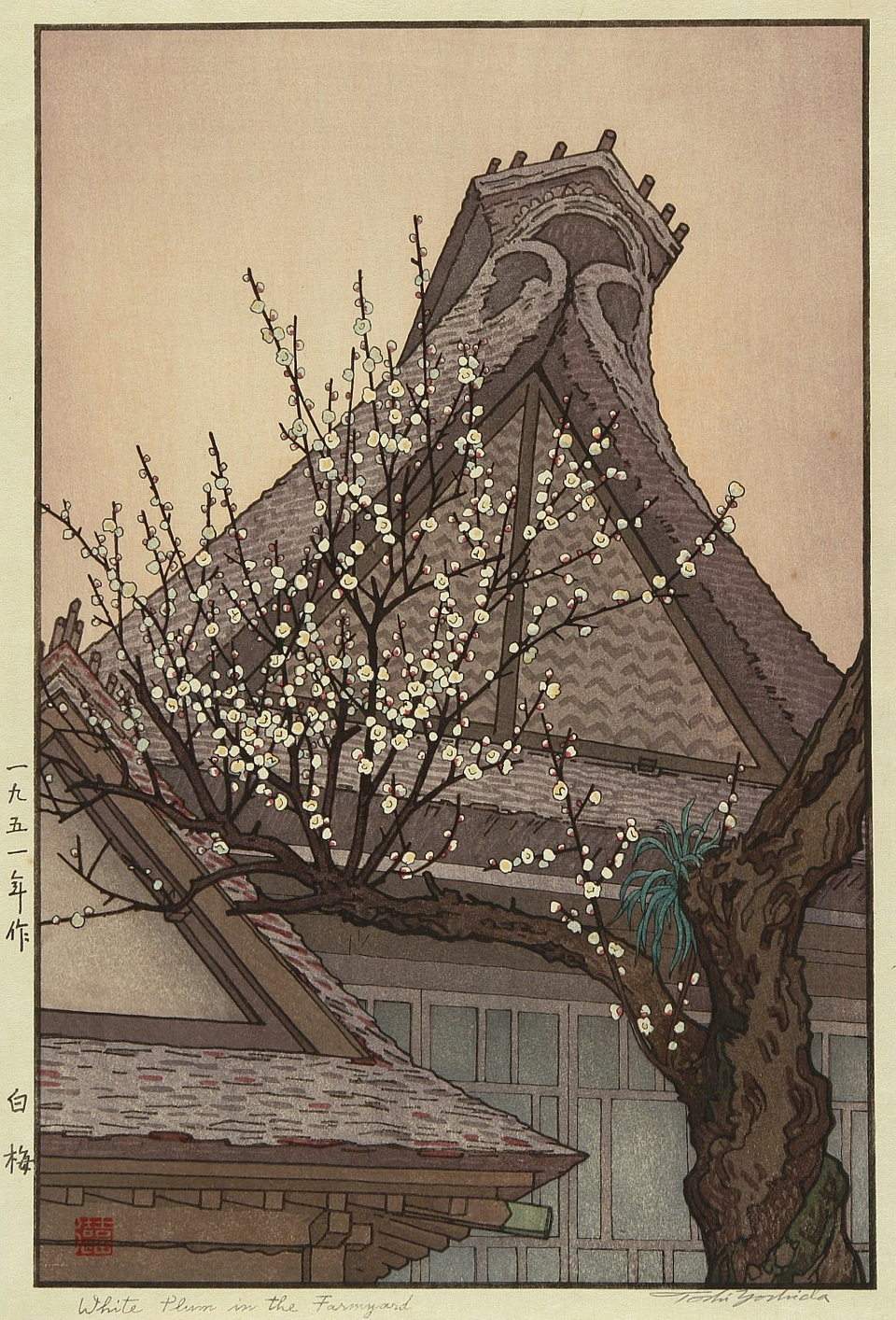 White Plum in the Farmyard woodblock print