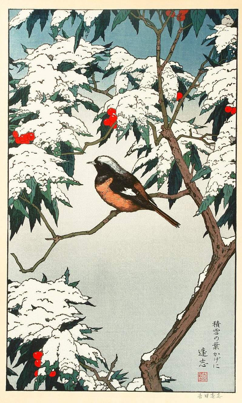 Winter (Sitting Under Snow-covered Leaves) woodblock print