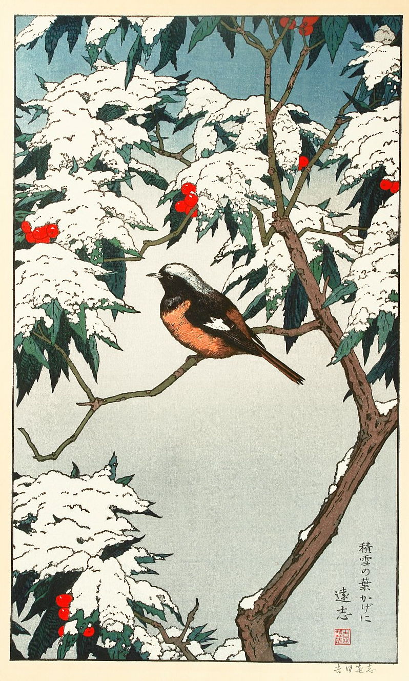 Toshi Yoshida “Winter (Sitting Under Snow-covered Leaves)” 1977 woodblock print
